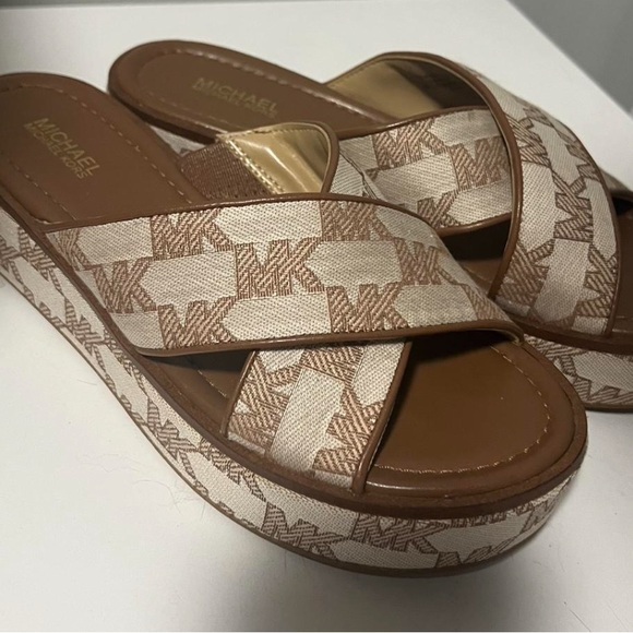 Michael Kors Shoes - Michael Kors Beige and Brown Logo Platform Sandals